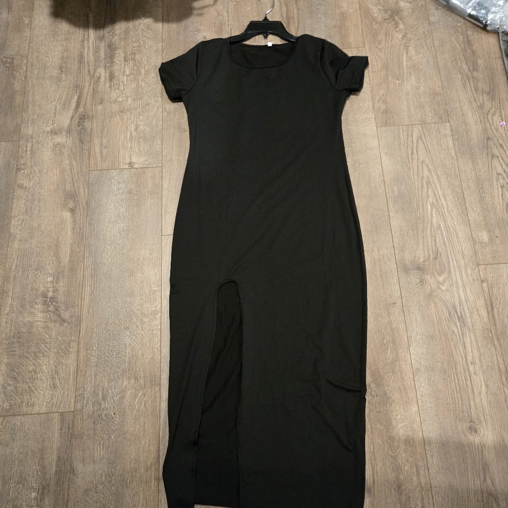 Black Spandex T-shirt Dress With Slit Maxi Length Size Xl Womens